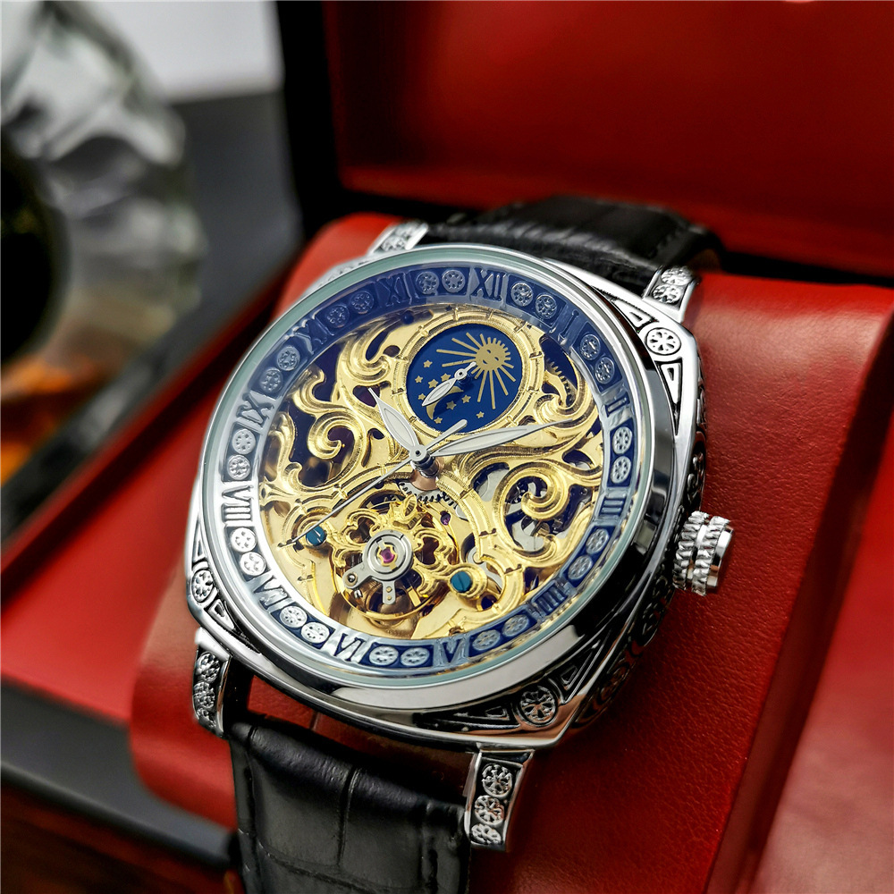 Ogulas reloj mecánico automático cuadrado hueco transparente luminoso luna fase cuero casual hombres azul luz reloj