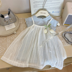 Korean Children's Summer 2024 New Arrival Blue Blouse Skirt Set with Ruffle Lace Straps - Stylish and Trendy Two-Piece Set for Girls