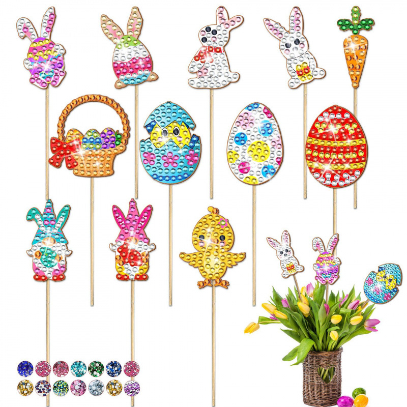 Estacas decorativas para macetas con diseño de flores para decoración de plantas en el hogar y escritorio, fabricante de estacas de jardín hechas a mano con pegatinas de diamantes DIY.