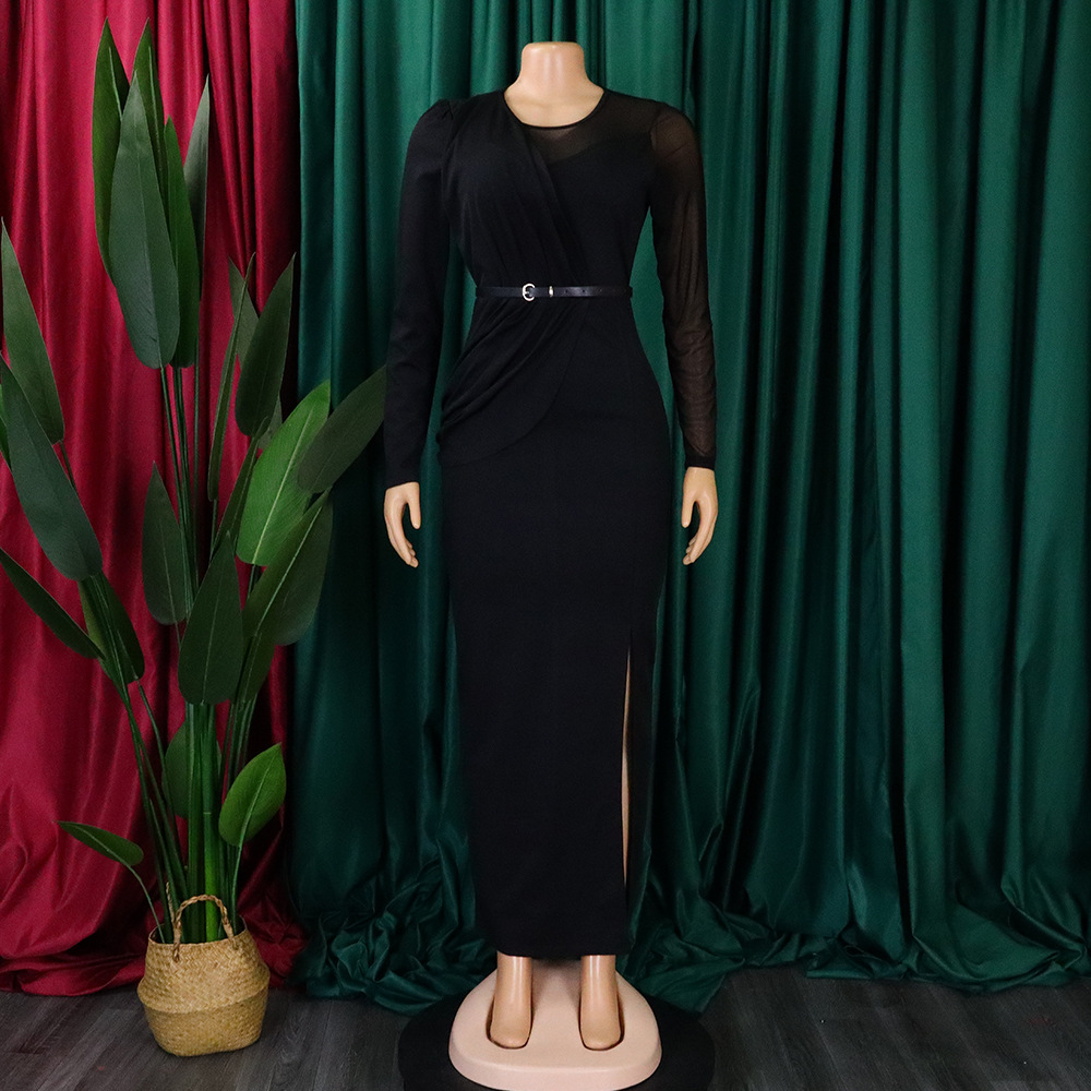 Damen Abendkleid Mit Langarm Und Mesh-einsatz Elegantes Festkleid_voghion.com