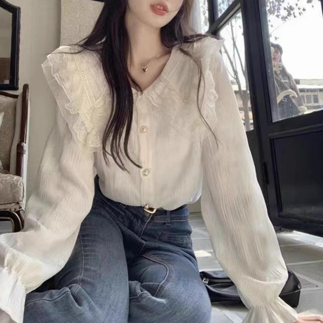 Women's Shirt Autumn Design Niche Lace Doll Collar Long-Sleeved Fashionable Fashionable Chic Beautiful Top