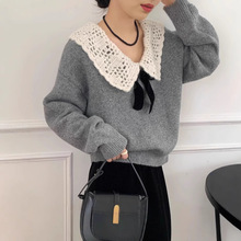 娃娃领蝴蝶结短款套头毛衣女减龄百搭宽松外穿针织衫装冬韩版上衣