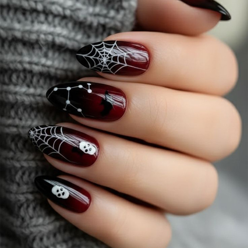 Halloween Nails in Dark Style with Black and Red Gradient Spider Web and Metal Spider, Detachable Fake Nails Nail Art Patches Halloween Nails in Dark Style with Black and Red Gradient Spider Web and Metal Spider, Detachable Fake Nails Nail Art Patches