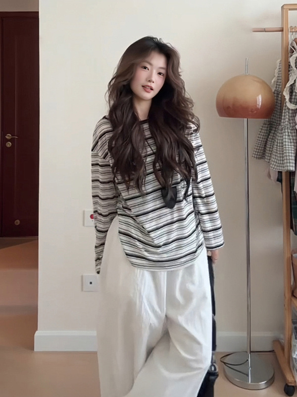 韩系黑色条纹防晒罩衫长袖T恤女早秋慵懒宽松miu系空调衫薄款上衣|undefined