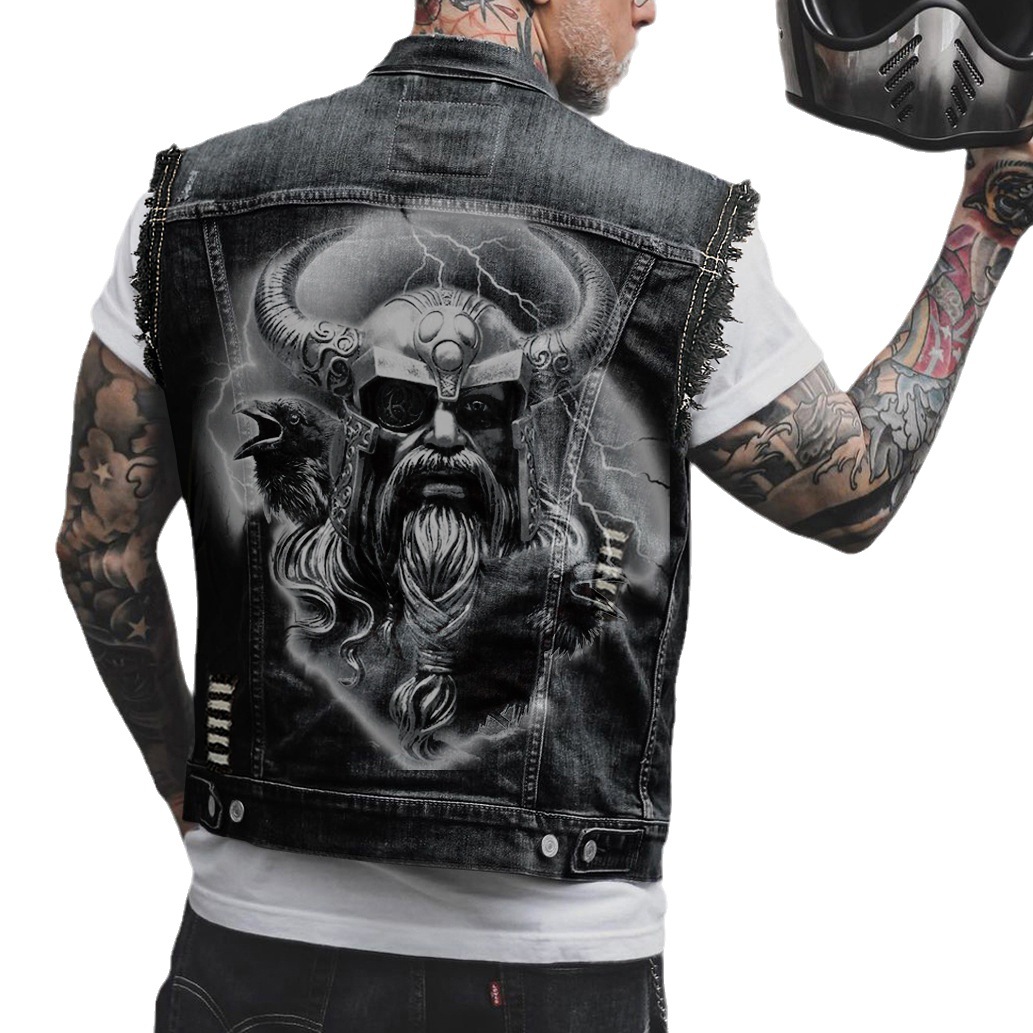 Bullhorn Ærmeløs Punk Sports Motorcykel Flip Collar Dominant denimvest til mænd 2039_voghion.com