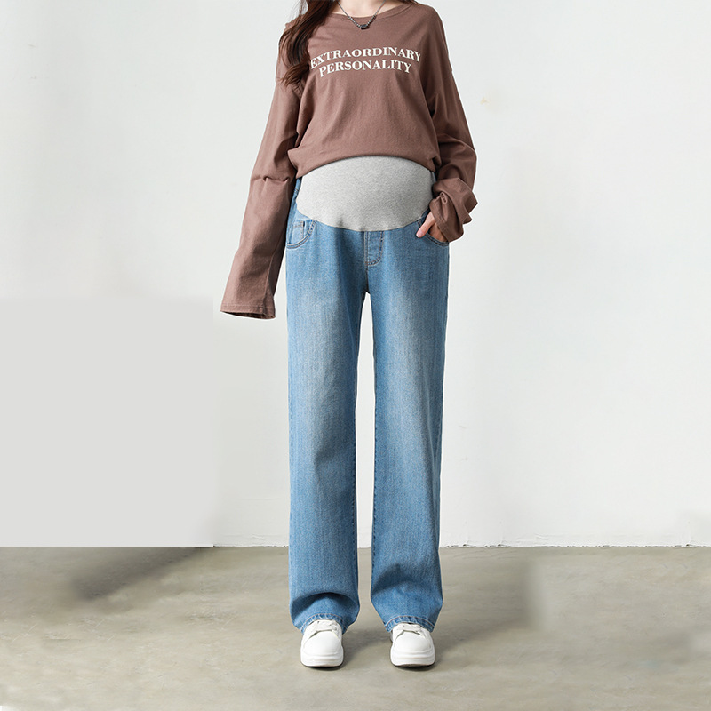 High-end pregnant women's jeans wide-leg pants floor pants soft belly pants plus fat plus size export to Europe and the United States fine car fine washing