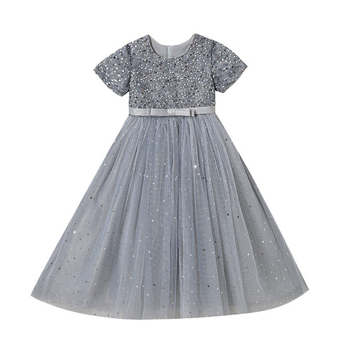 Girls summer long short-sleeved mesh tutu skirt evening dress sequined sweet host show singing competition long skirt