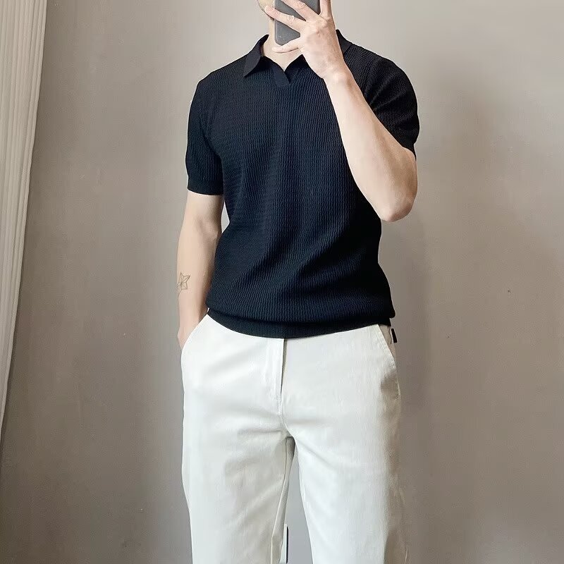 Summer Lapel Ice Silk Short-Sleeved Knitwear Men's Yuppie Fashion Trendy Business Slim Casual Cool Pure Color T-Shirt