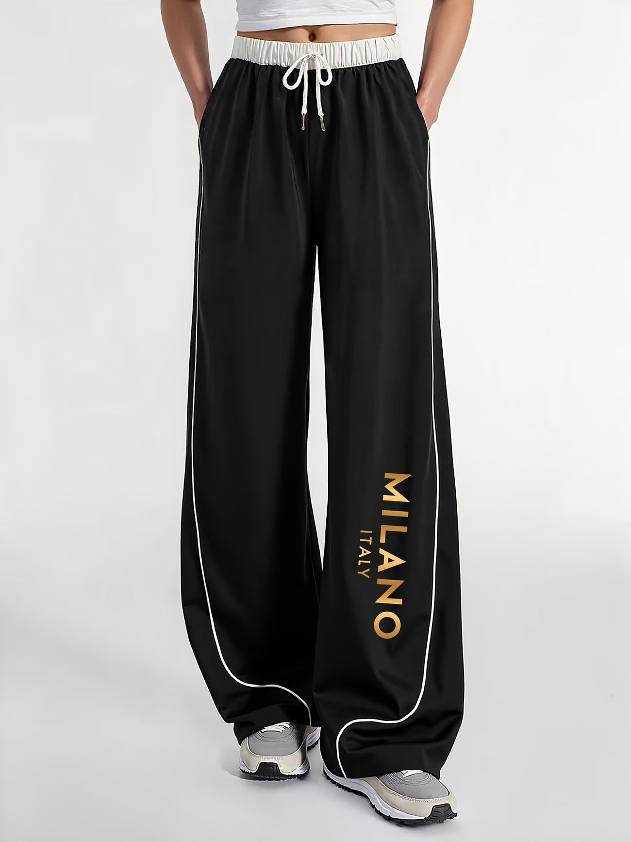Gold Milan Print Loose-fitting Spring And Autumn Women's Casual Elastic Waist W'w Wide-leg Pants_ecoleips.com