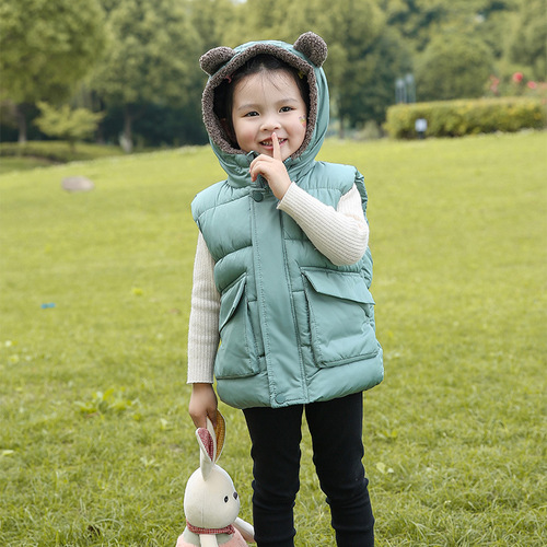 Children's vest hooded thickened boy's outer wear warm vest baby girl's velvet vest small and medium-sized cute baby
