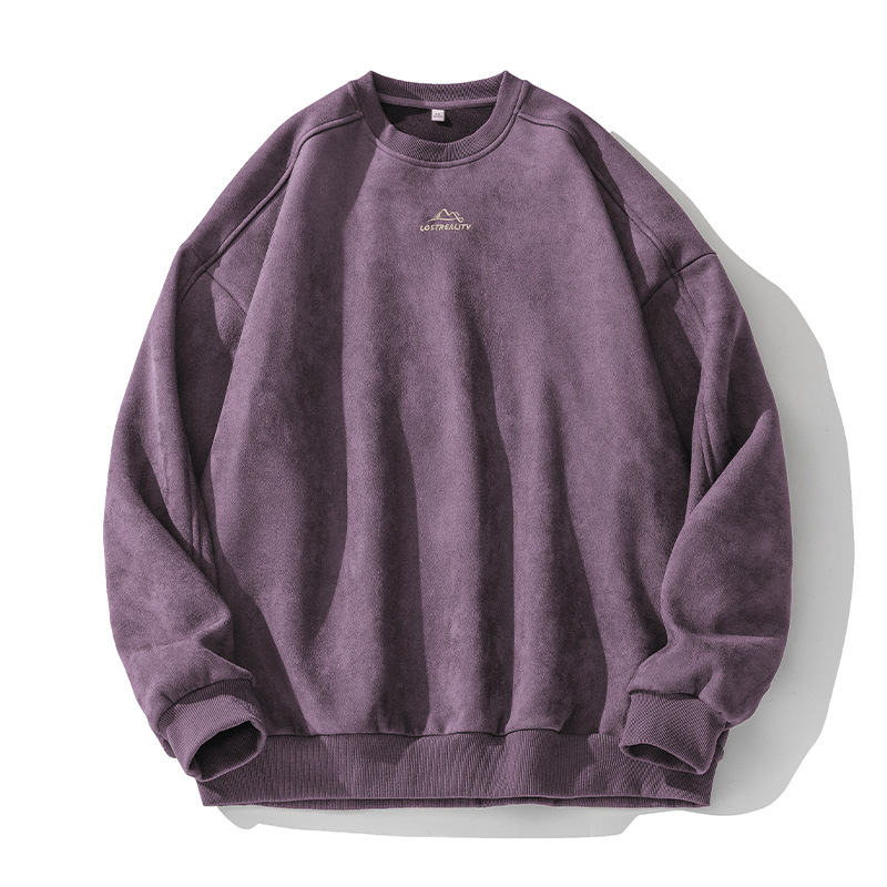 Męska bluza zamszowo-polarowa z okrągłym dekoltem, oversize'owy top typu streetwear z podzielonym panelem i haftowanym napisem_voghion.com