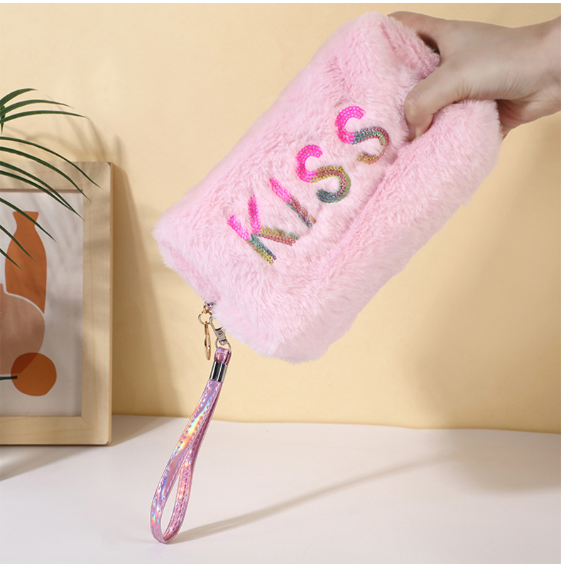 Casual Cute Letter Solid Color Flannel Storage Bag Makeup Bags display picture 3