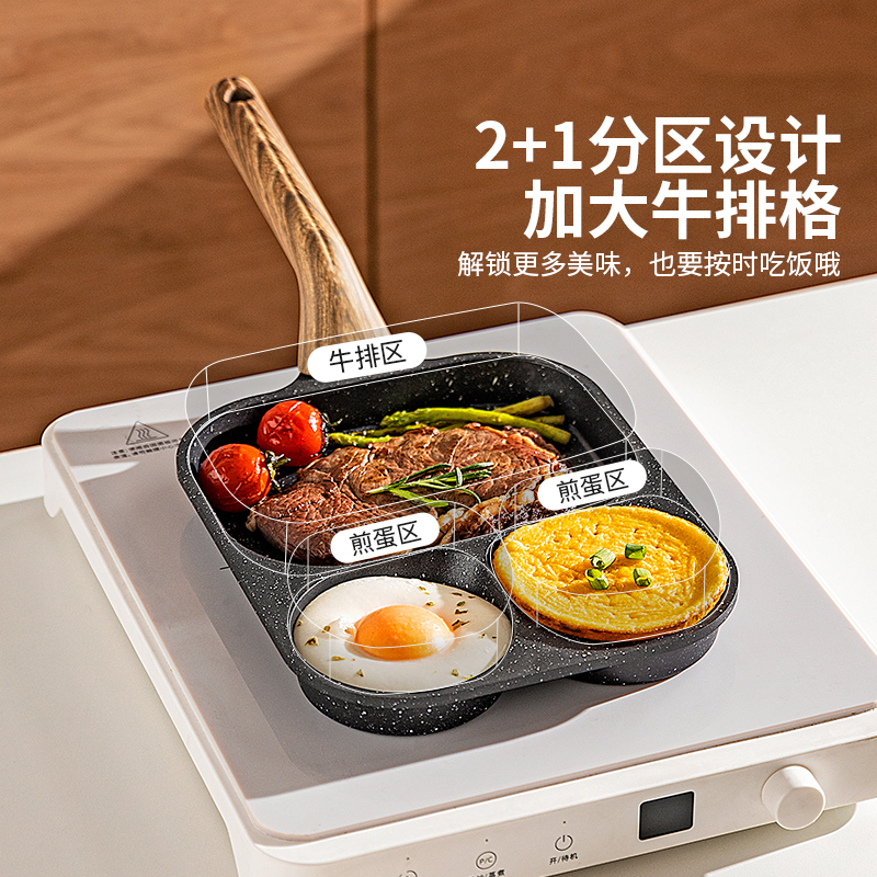 Sartén tres en uno, desayuno doméstico, huevo frito, artefacto, bistec, huevo, hamburguesa, sartén antiadherente, exclusivo transfronterizo