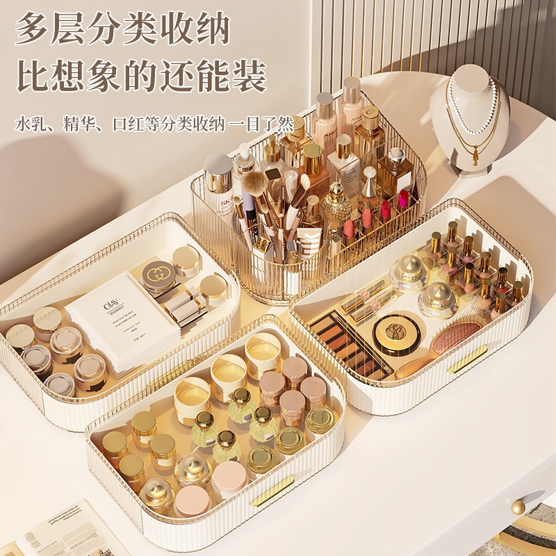 Caja de almacenamiento de cosméticos personalizada Caja de cosméticos de dormitorio doméstico grande transparente Caja de resumen de productos para el cuidado de la piel de escritorio multifuncional