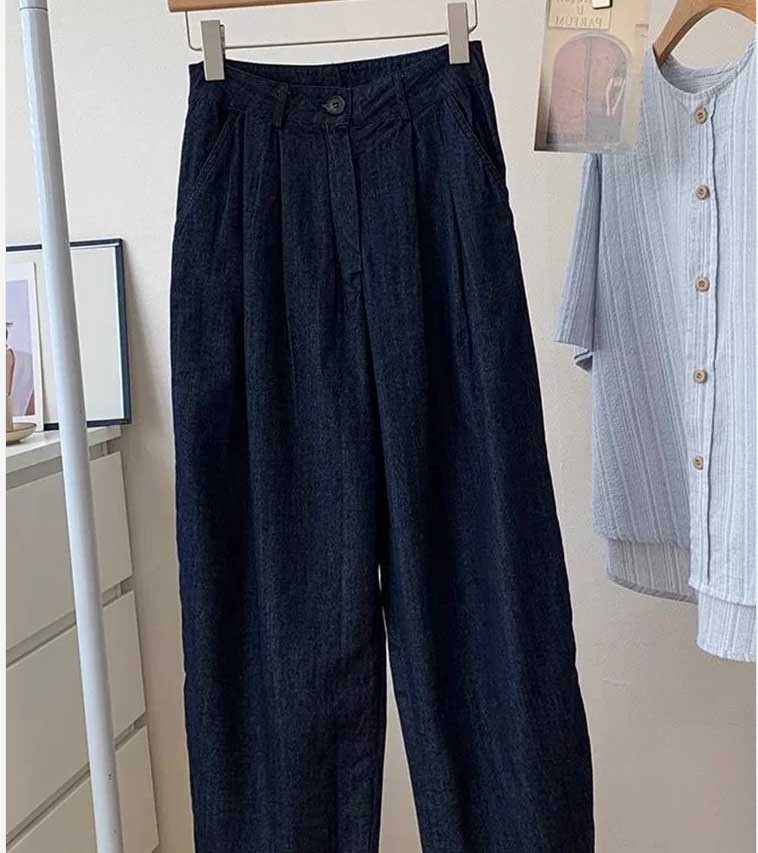 Quần ống rộng vải lanh cotton Yamamoto cạp cao kiểu harem mùa hè 2025 — Màu xanh đậm chi tiết 2