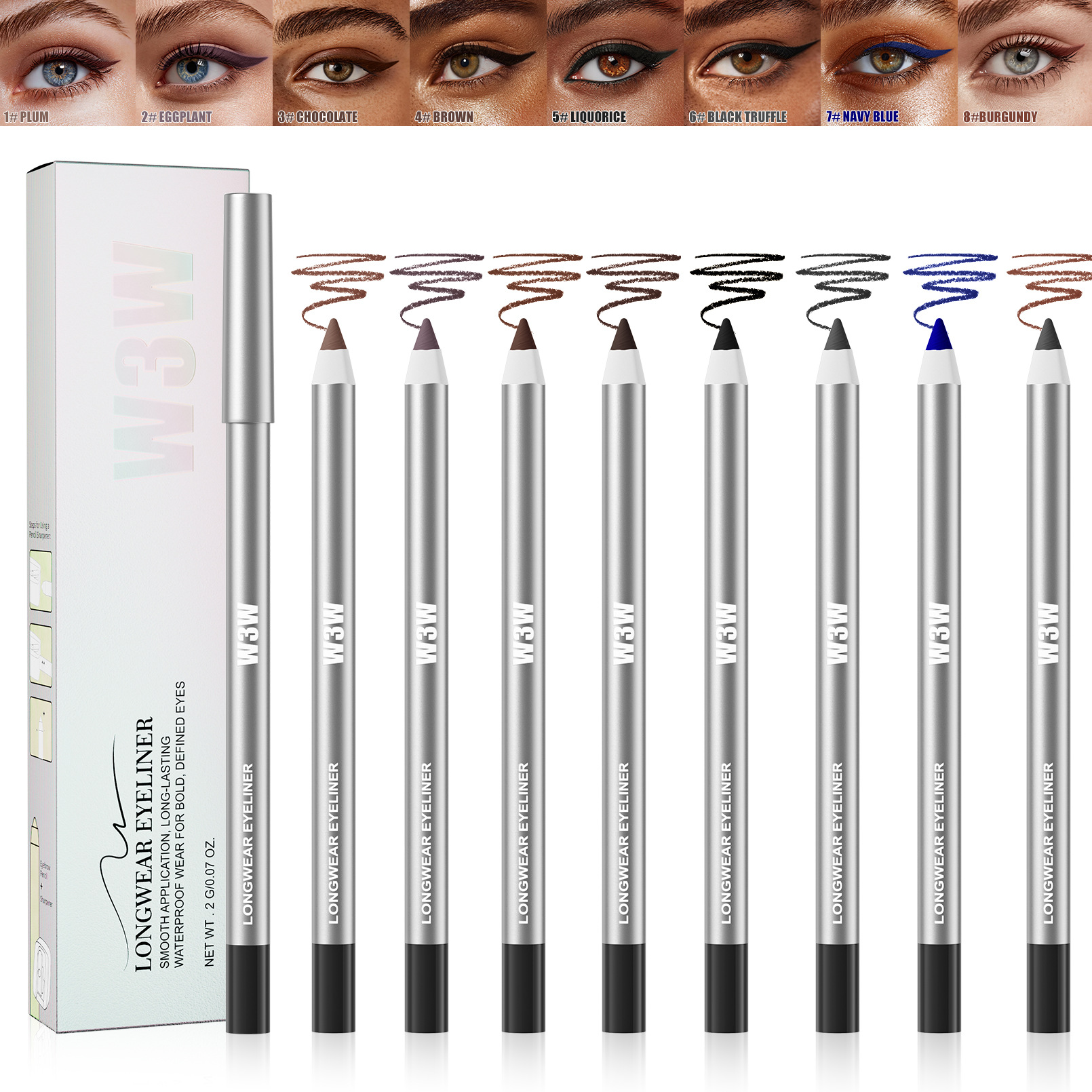 W3W Waterproof Eyeliner Gel Pen 24H Long-Lasting Smudge-Proof Colored Eyeliner Gel Pen Refillable with Sharpener for Cross-Border Sales