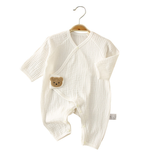 Newborn crawling suit, baby summer pure cotton gauze jumpsuit, Category A fetal cap, petal bib, thin, breathable, long crawling suit