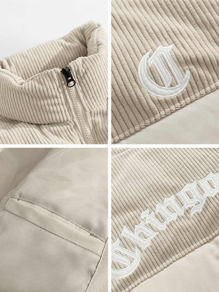 Chaqueta de pana con cuello alto y patchwork de algodón, chaqueta acolchada gruesa de invierno, chaqueta de algodón con bordado de letras de marca de moda para parejas