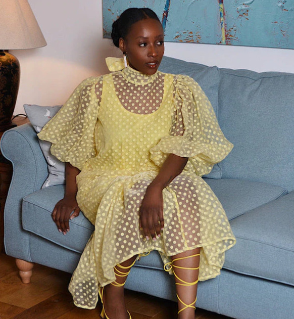 2023 New Style Mesh Women's Dot Bubble Sleeve Summer Long Dress French Fluffy Tie Yellow Sling Dress