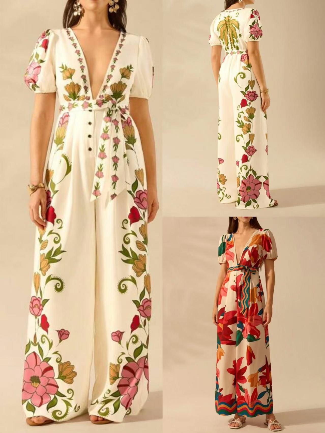 Jumpsuit feminino de perna larga com decote em v profundo_voghion.com