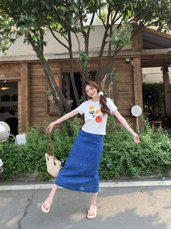 度假风韩系套装女夏季2025新款白色印花T恤高腰碎花半身裙两件套|undefined