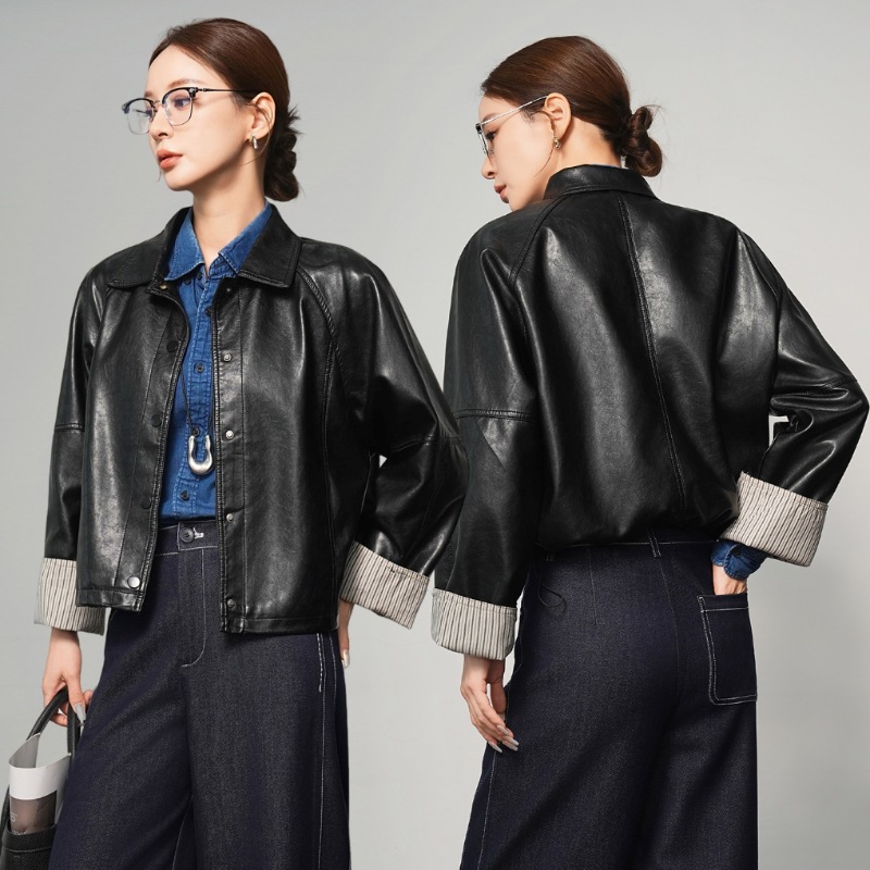 Brand Haining Fashion Leather Jacket Women's Short 2025 Spring & Fall Goatskin Small Loose Stylish Slim Leather Jacket