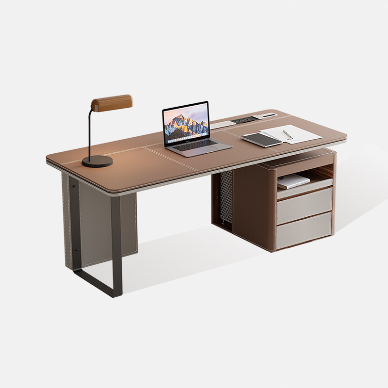 Saddle Leather Desk Modern Minimalist Home Study Computer Writing Desk Italian Minimalist Staff Office Desk and Chair Combination