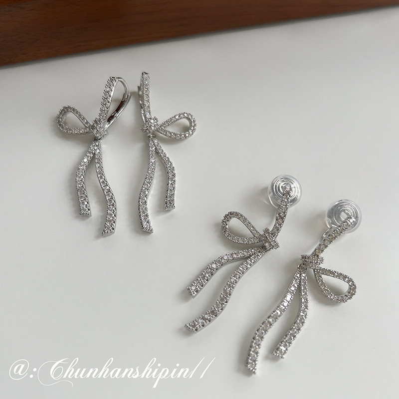 French style full zirconium bow ear clip non-pierced mosquito coil earrings long high-grade temperament ear buckle niche earrings