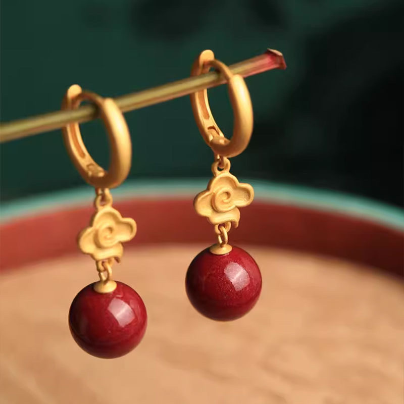 Year of the Snake Cinnabar Xiangyun Earrings Women's Red National Style Zodiac Year New Year Festive New Year Gift Earrings Earrings Jewelry