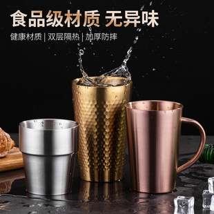 304 Stainless Steel Mug Double Layer Thickened Heat Insulated Coffee Mug Creative Beer Mug with Handle Korean Style Cold Drink Mug