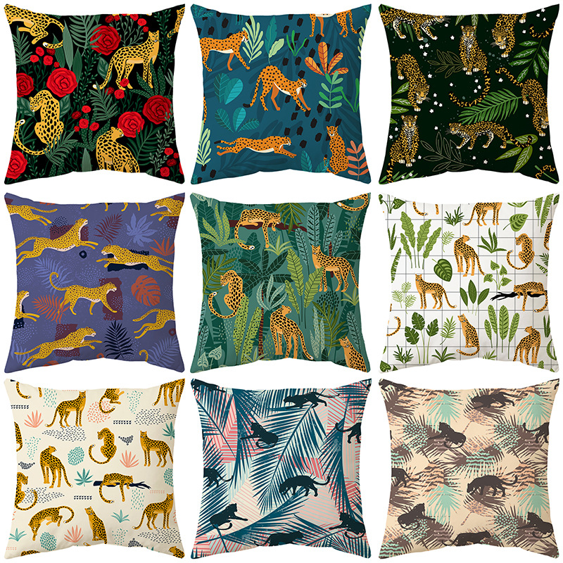 Amazon tropical jungle pillowcase leopard pattern personalized pillowcase linen printed office sofa cushion