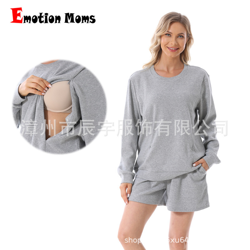 Pregnant Women's Spring and Summer Waffles Pants Set Nursing Sweat Top Loose Casual Sports Shorts Two-piece Set European and American