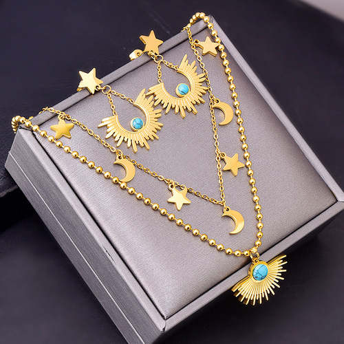 Literary retro baby's breath double-layer bracelet turquoise fan-shaped five-pointed star earrings set titanium steel necklace women's jewelry