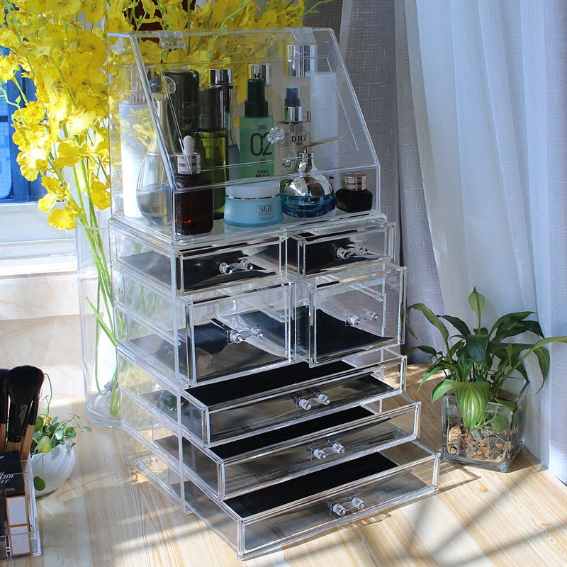 Caja de almacenamiento de cosméticos tipo cajón lujoso acrílico gabinete de almacenamiento de productos de cuidado de la piel con cubierta de gran capacidad estante de escritorio
