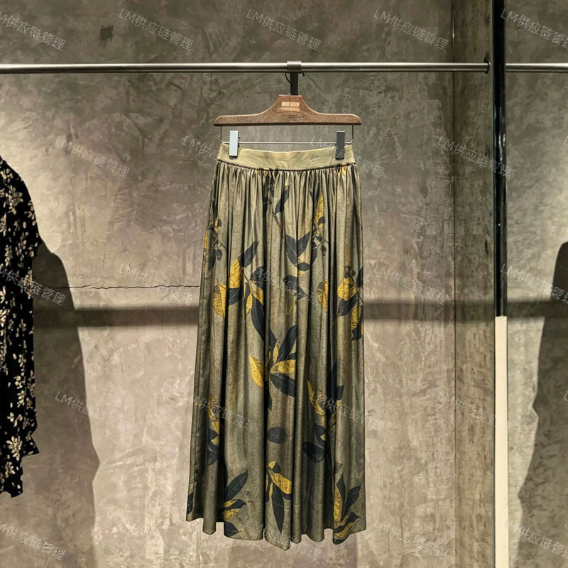 Designer-Style New Chinese-Style Um Hand-Painted Leaf Print Cupro Elastic Waist Large Flare Umbrella Skirt Half Skirt Designer-Style New Chinese-Style Um Hand-Painted Leaf Print Cupro Elastic Waist Large Flare Umbrella Skirt Half Skirt