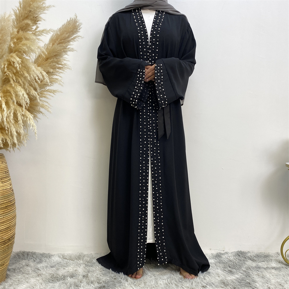 Arab Turkish Middle Eastern Fashion Elegant Solid Color Beaded Muslim Tie-Up Cardigan Robe 1838_ecoleips.com