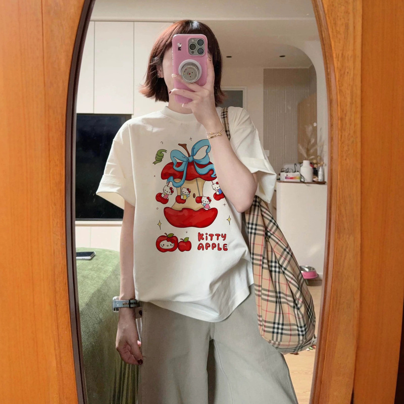 White pure cotton kitty cat cartoon short-sleeve t-shirt for women, summer student loose casual design half-sleeve top, trendy White pure cotton kitty cat cartoon short-sleeve t-shirt for women, summer student loose casual design half-sleeve top, trendy