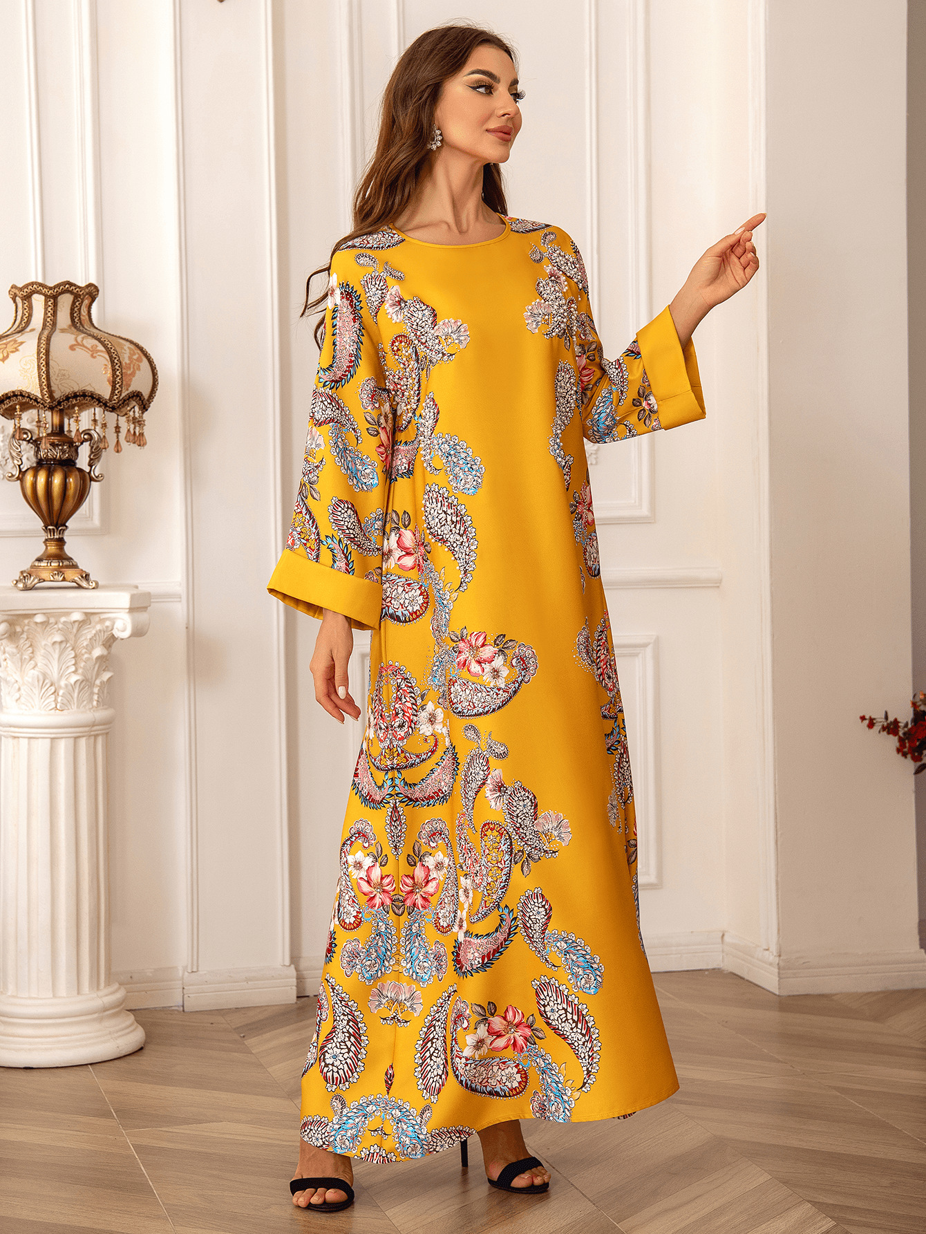 2405 Middle Eastern European Cross-border Muslim Women's Long-sleeved Floral Dress With Beading Rhinestones, Elegant And_ecoleips.com