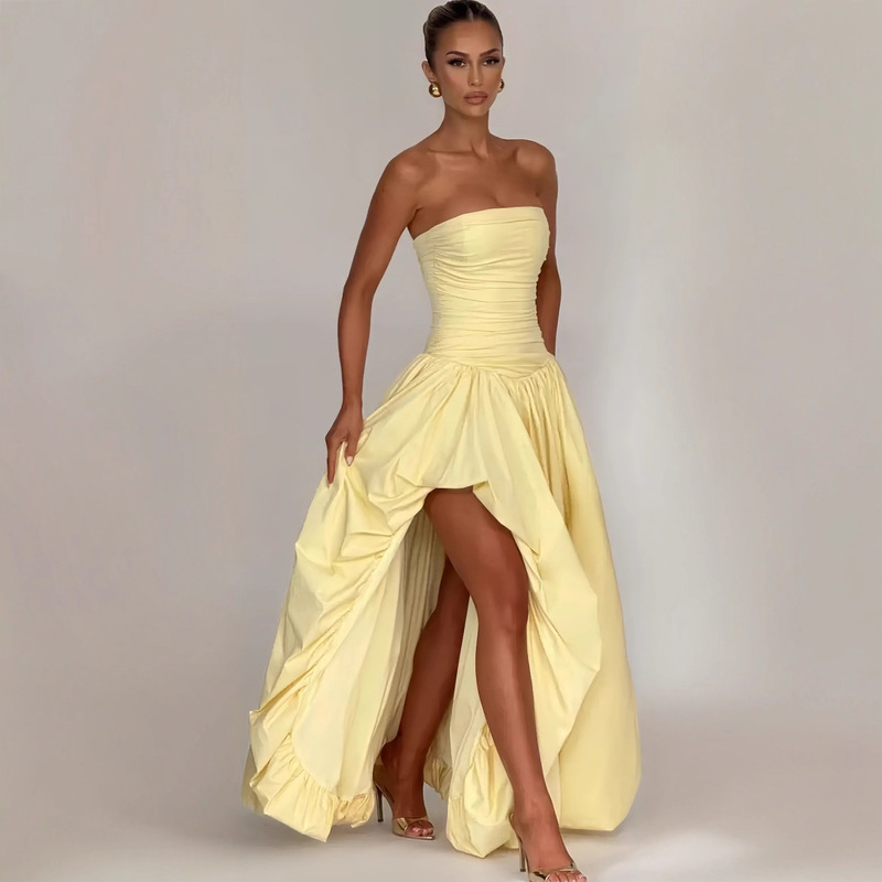 Strapless Tube Top Dress for Women, European and American Style Niche Design, Side Slit, Slim Waist, Pleated Bubble Long Skirt Strapless Tube Top Dress for Women, European and American Style Niche Design, Side Slit, Slim Waist, Pleated Bubble Long Skirt