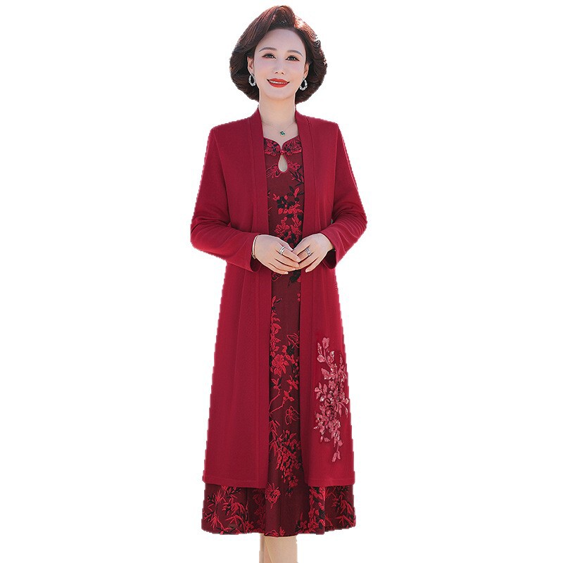 喜婆婆婚宴礼服两件套连衣裙2025新款中老年妈妈春秋结婚旗袍裙子|undefined