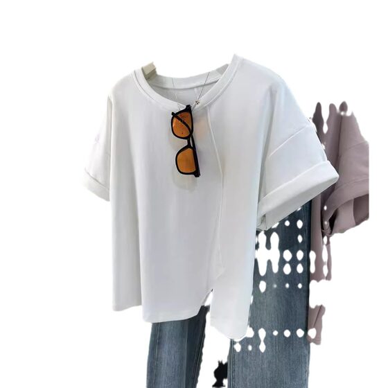 European and American Style Hong Kong Style Cotton Half-sleeved T-shirt Women's Summer Loose Korean-style All-match Split Hem Short-sleeved Top