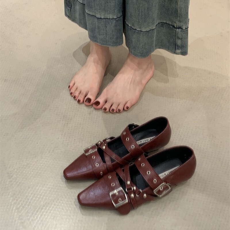 粗跟法式朋克芭蕾风黑色方头单鞋女2025春秋新铆钉皮带扣玛丽珍鞋|undefined