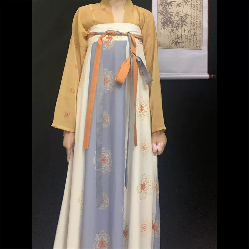 Кимо Hanfu платье (хань и Тан) стиль Тан, сукня с ruched на груди, длинна груди для весны/лета, принт
