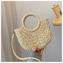 包邮斜挎纸绳休闲圆斗编织包女包韩版沙滩包时尚蕾丝带田园手提包