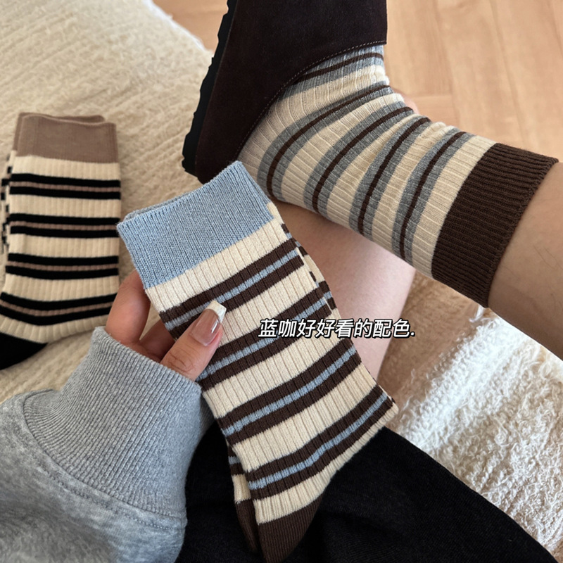 Contrast Color Korean Striped Pair Socks Women's Cotton Mid-Pit Socks for Autumn and Winter All-Match Korean Style Stockings with Red Riding Book Contrast Color Korean Striped Pair Socks Women's Cotton Mid-Pit Socks for Autumn and Winter All-Match Korean Style Stockings with Red Riding Book