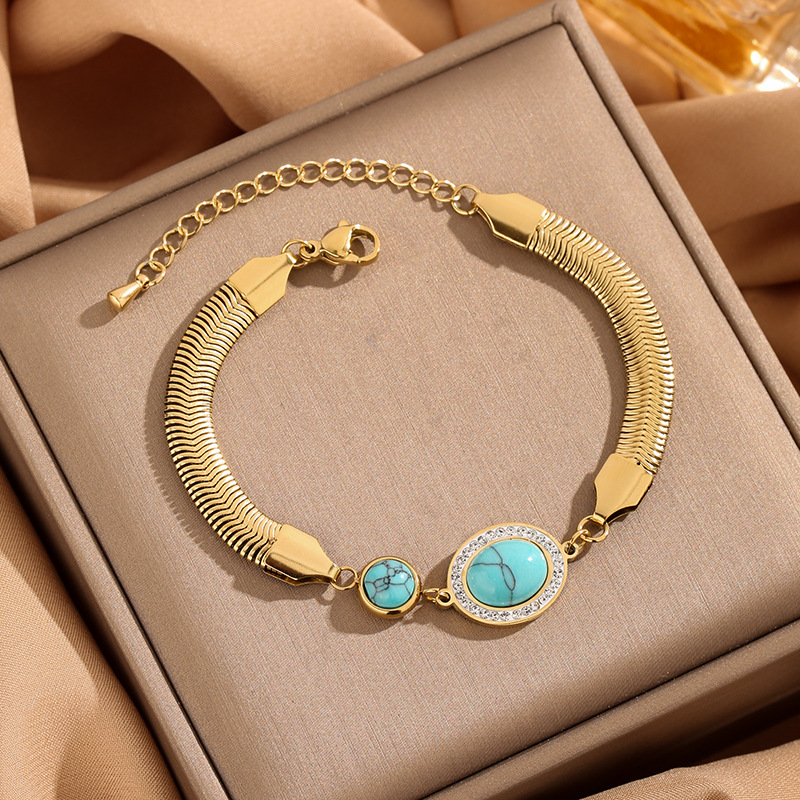 Pulsera de acero de titanio de estilo europeo y americano turquesa con diamantes incrustados ronda ovalada Árbol de la vida ojos amplia serpiente hueso redondo marca serie pulsera