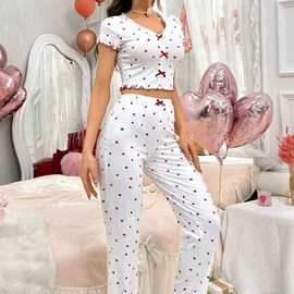 哇噢定制欧美家居服亚马逊睡衣长袖长裤修身性感花边套装Pajamas