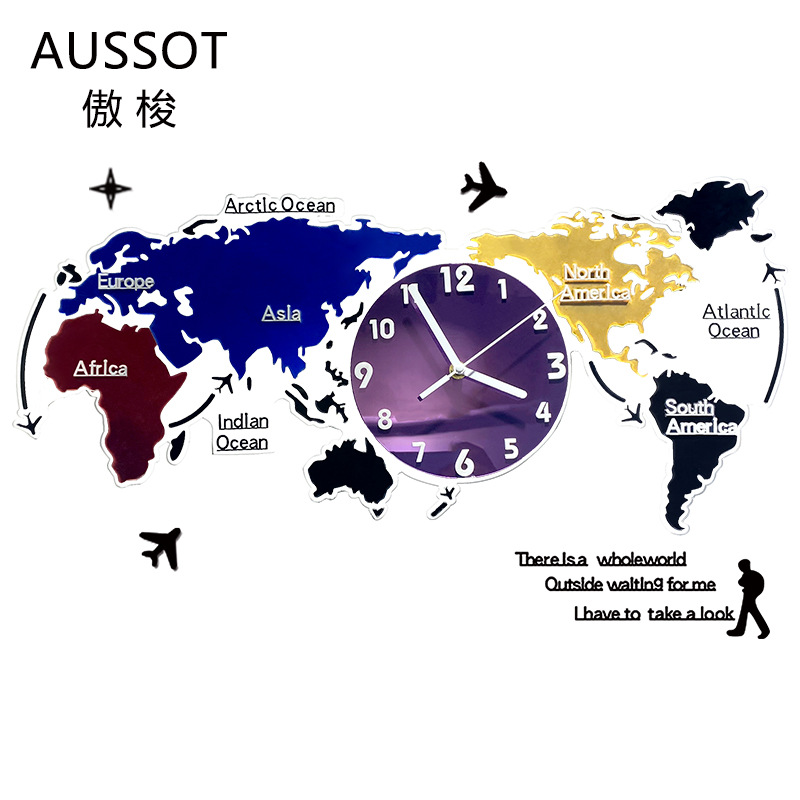 Nuevo estilo europeo colorido acrílico mapa del mundo Reloj de pared sala de estar decoración reloj mudo reloj de arte atmosférico