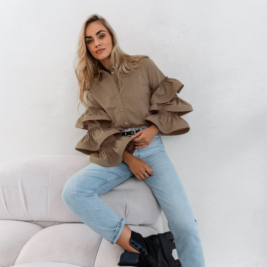 Women's Gender Ruffles Design Wholesale Women's Elegant Solid Color Long Sleeve Ruffles Blouses