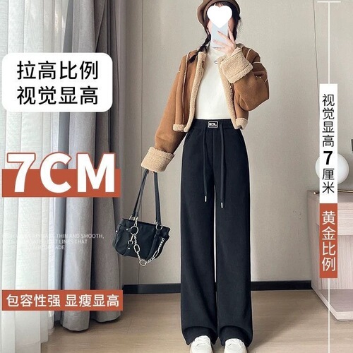 Women's Winter Fall Thick Fleece Wide Leg Pants with Cashmere 2024 New Thick Lamb Wool Straight Leg Pants